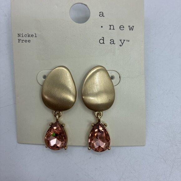 A New Day Womens Drop Earrings Gold Pink Teardrop Crystal Nickel Free Stud - Picture 2 of 4